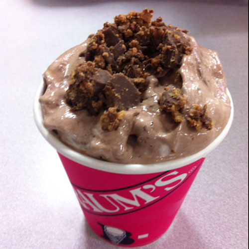 Chocolate frozen yogurt with cookie crumbles in cup.