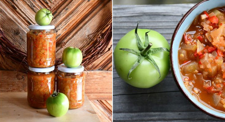 Homemade salsa verde and fresh green tomatoes on table.