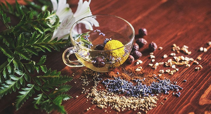 Herbal tea in glass cup with flowers and spices.