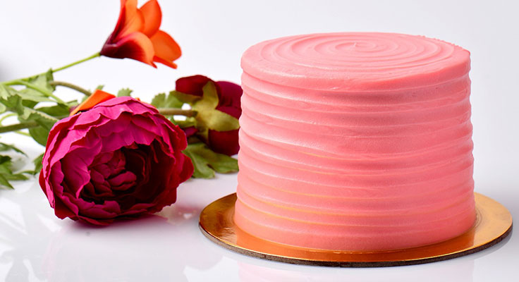 Pink spiral frosting cake with flowers on white background.