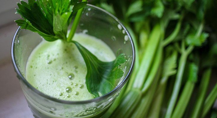 Fresh celery juice in glass, green celery stalks background.