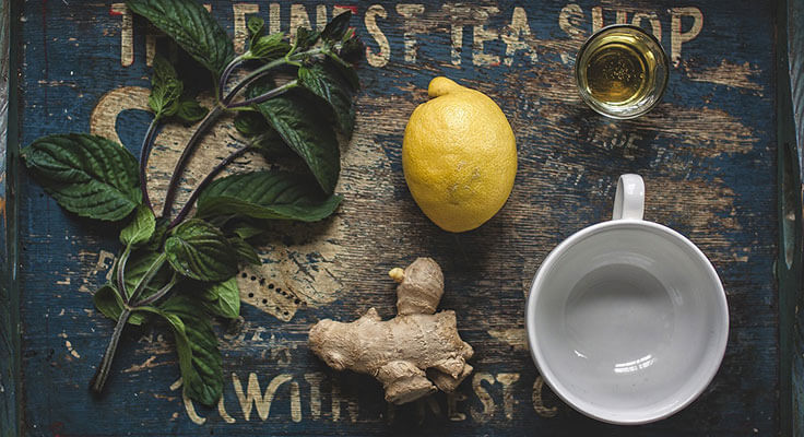 Lemon, ginger, mint, honey, empty cup on vintage background.