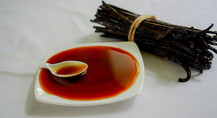 Vanilla extract and beans on white background.