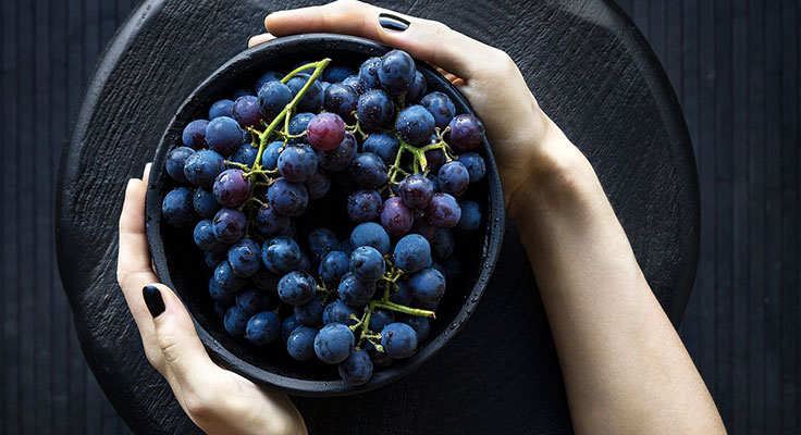 Hands holding bowl of fresh blueberries.
