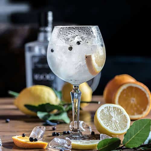 Gin tonic cocktail with lemon, orange, and juniper berries.