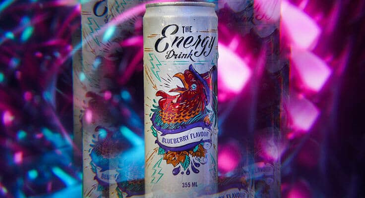 Blueberry flavored energy drink can with vibrant design.