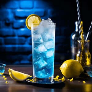 Blue cocktail with ice and lemon garnish.