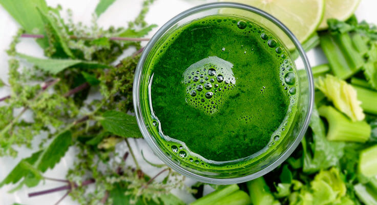 Green juice with fresh vegetables and lime