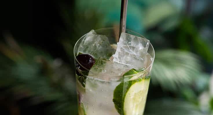 Virgin cucumber mojito with ice cubes