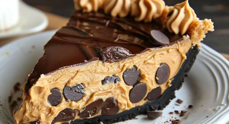 Peanut butter chocolate pie slice on a plate.